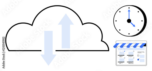 Cloud outline with up and down arrows, round clock showing 1005, web storefront page layout. Ideal for cloud computing, data transfer, time management, online business, digitalization, scheduling