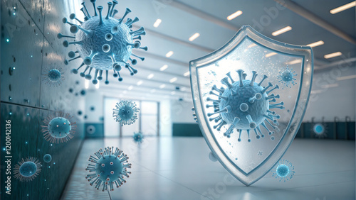 Health shield protecting against viruses in modern hall, symbolizing infection prevention