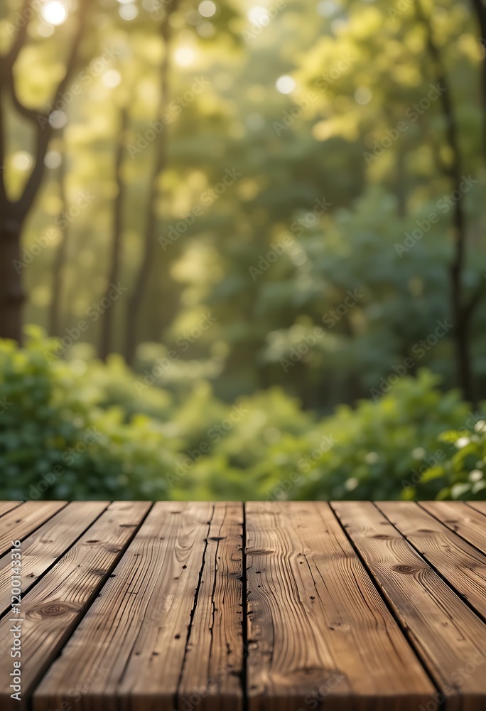 Wooden Tabletop in a Sunny Forest Setting Wooden Tabletop in a Sunny Forest Setting
