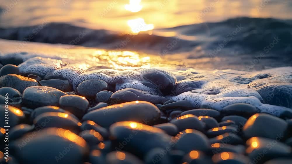 A close-up of smooth pebbles by the ocean at sunset, capturing the beauty of nature's shoreline.