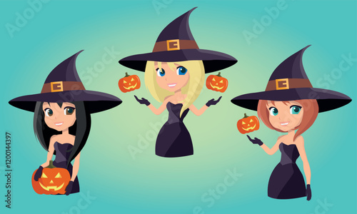 A flat design illustration featuring three witches in black dresses and hats. Each is holding glowing carved pumpkins against a gradient background. Vector illustration