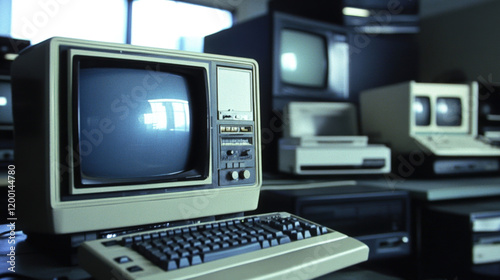 Vintage computer setup featuring CRT monitors and classic keyboards in an office environment showcasing technology evolution from the 1980s to the early 2000s photo