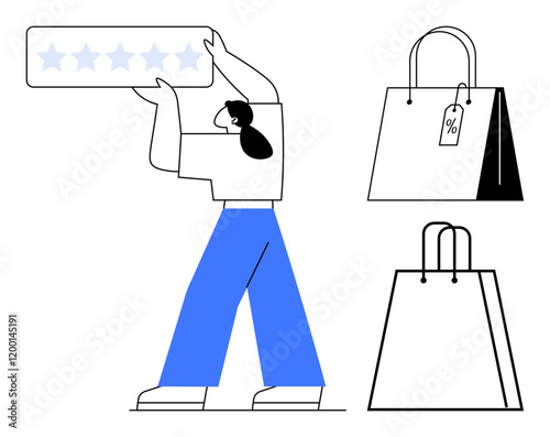 Person holding 5-star review card, one shopping bag with a discount tag, another plain bag. Ideal for e-commerce, customer satisfaction, retail, reviews, feedback, shopping discounts promotions