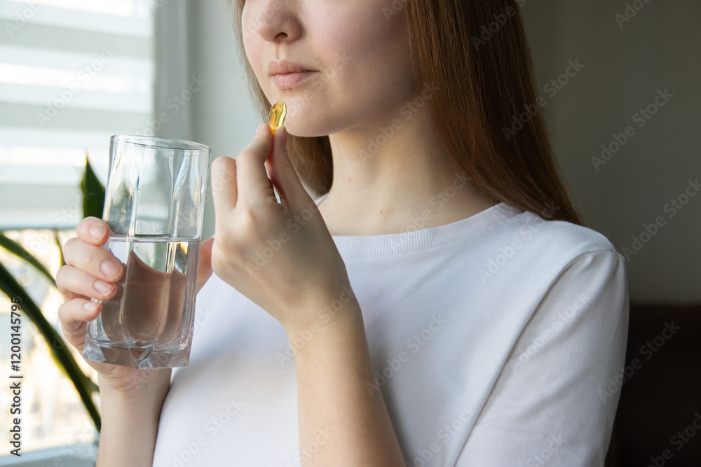 Close-up of woman taking omega-3, omega 6, omega 9, fish oil capsule with glass of water. Daily health routine Close-up of woman taking omega-3, omega 6, omega 9, fish oil capsule with glass of water. Daily health routine