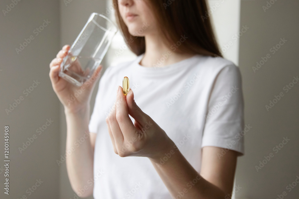 Fototapeta premium Dietary supplements. Young woman taking omega-3, omega 6, omega 9, fish oil supplement with water. Daily health routine. 
