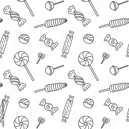 Sweets different candies doodle Seamless pattern with caramel on stick, wrapped candies, lollipop. Vector patterns endless. Black line sample pattern for wallpaper, fabric, packaging, background.