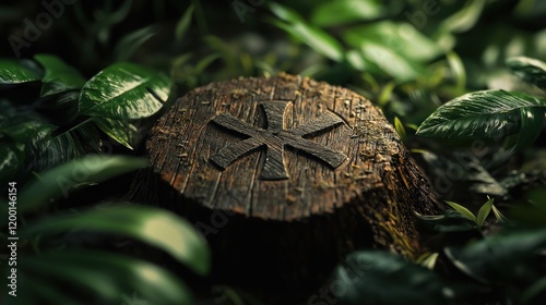 Highquality 3D illustration of Algiz rune on wood with leaves photo