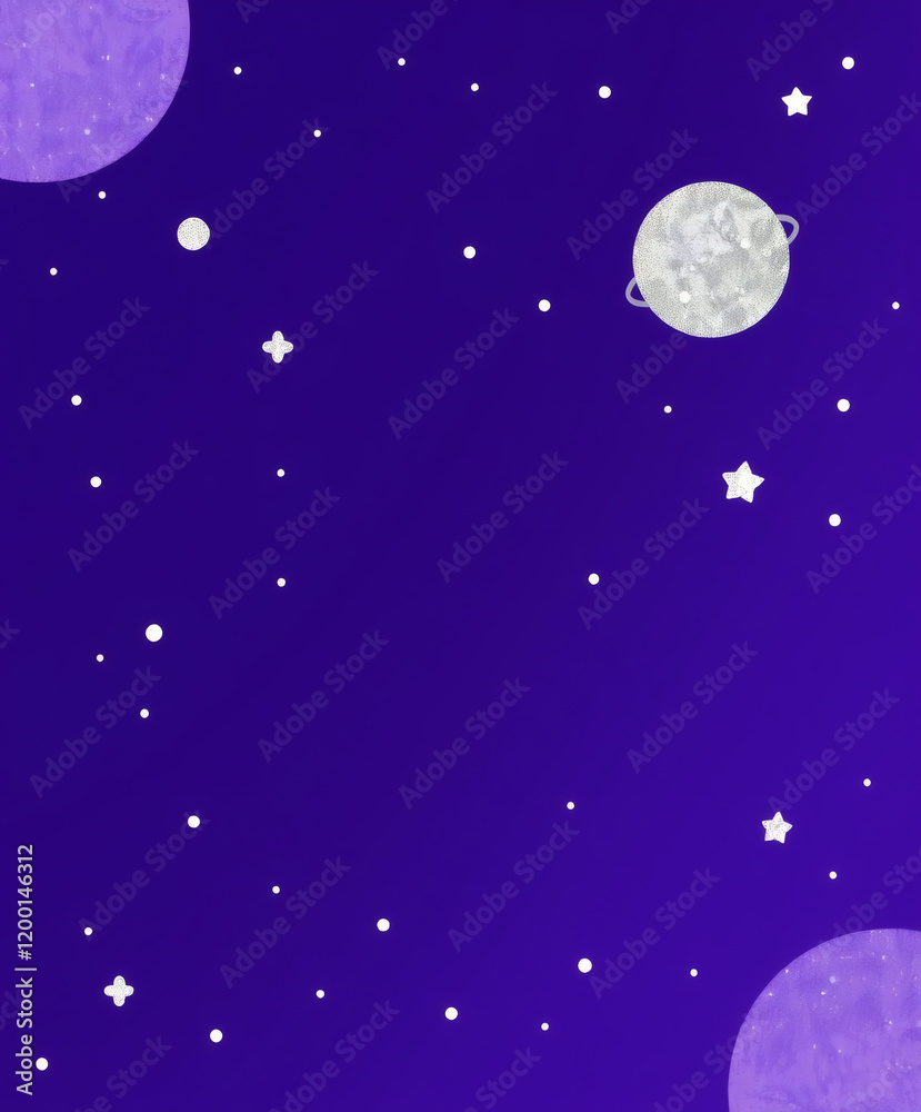 Stars and planets swirl in a magical cosmic dance across a deep violet sky filled with wonder and mystery