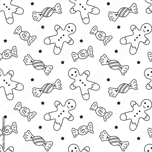 Sweets different wrapped candies and Gingerbread man doodle Seamless pattern. Vector patterns endless. Black line sample pattern for wallpaper, fabric, packaging, background.