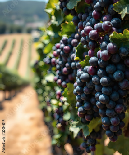 Vibrant clusters of ripe grapes dangle amidst lush vineyard rows in the golden afternoon sun photo