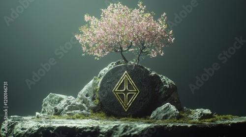 Highquality minimalistic 3D artwork featuring Berkana rune and tree photo