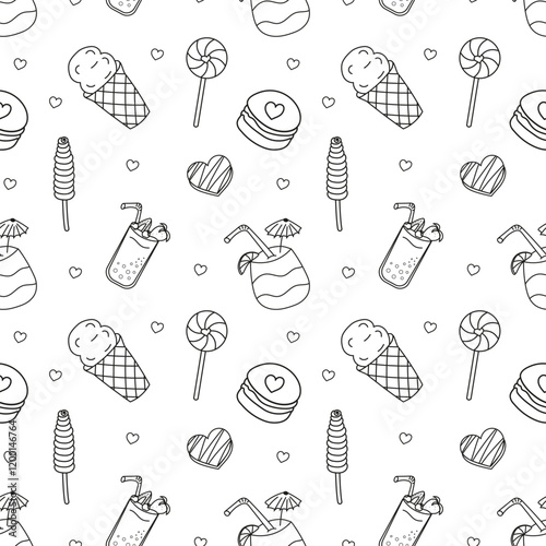 Vector Sweets doodle Seamless pattern with ice cream, cake, tropic cocktail, ice cream in waffle cup, lollipop, sundae, popsicle. Black line sample pattern for wallpaper, fabric, packaging, background