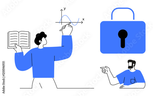 Person reading book, drawing graph another individual pointing large padlock icon. Ideal for education, analytics, data security, learning, instruction, protection teamwork. Modern abstract line
