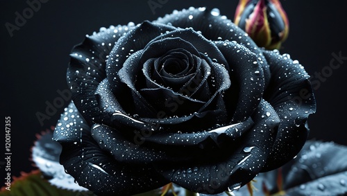 Close-Up Photograph of a Black Rose with Water Droplets, Highlighting Its Ethereal Beauty and Growth Cycle