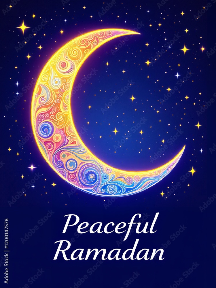 Naklejka premium Ornate Colorful Crescent Moon Night Sky Peaceful Ramadan Wishes Festive Design Illustration Art Blue Card Stars Islam Muslim Vector Swirls Yellow 