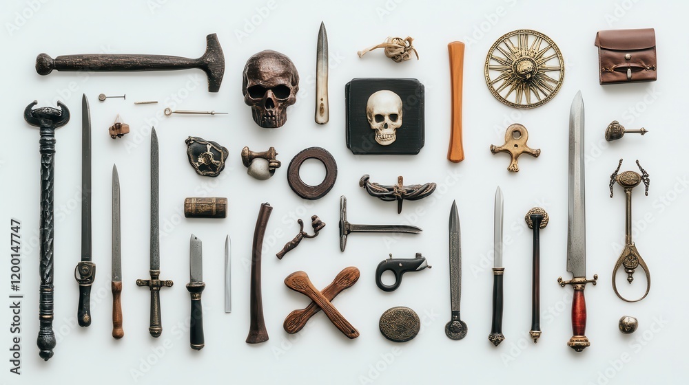 Fototapeta premium Collection of antique weaponry and artifacts arranged artistically on a light background