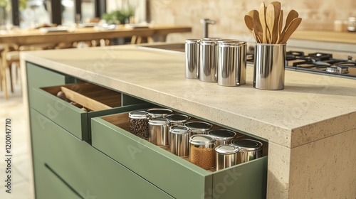A contemporary kitchen island with a forest-green drawer neatly storing spices in silver tins and wooden utensils