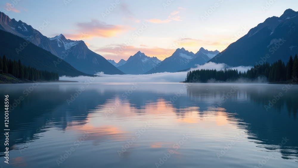 Sunset graces a majestic mountain range, its peaks casting long shadows over a serene lake below. The golden rays mirror on the water's surface as a light blue sky bids the day farewell Sunset graces a majestic mountain range, its peaks casting long shadows over a serene lake below. The golden rays mirror on the water's surface as a light blue sky bids the day farewell