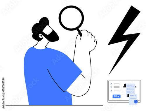 Man holding magnifying glass, inspecting document with payment section, large lightning bolt. Ideal for analysis, scrutiny, online payment, financial security, electricity power insight. Abstract