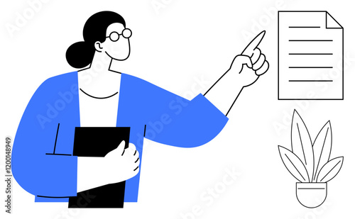 Professional woman with glasses holds a folder while pointing at a document. Nearby is a potted plant. Ideal for education, business presentations, planning, organization, office management, decision