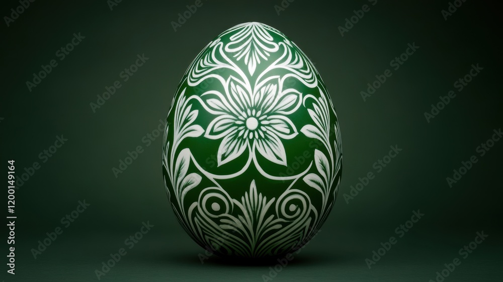 Intricately designed green egg with white floral patterns Intricately designed green egg with white floral patterns
