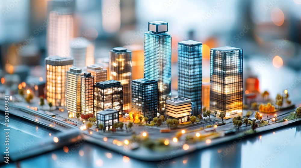 A modern, contemporary-style miniature model of glass buildings and streets, created using a tilt-shift focus technique A modern, contemporary-style miniature model of glass buildings and streets, created using a tilt-shift focus technique