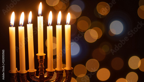 Lit Hanukkah menorah with glowing candles, festive celebration photo