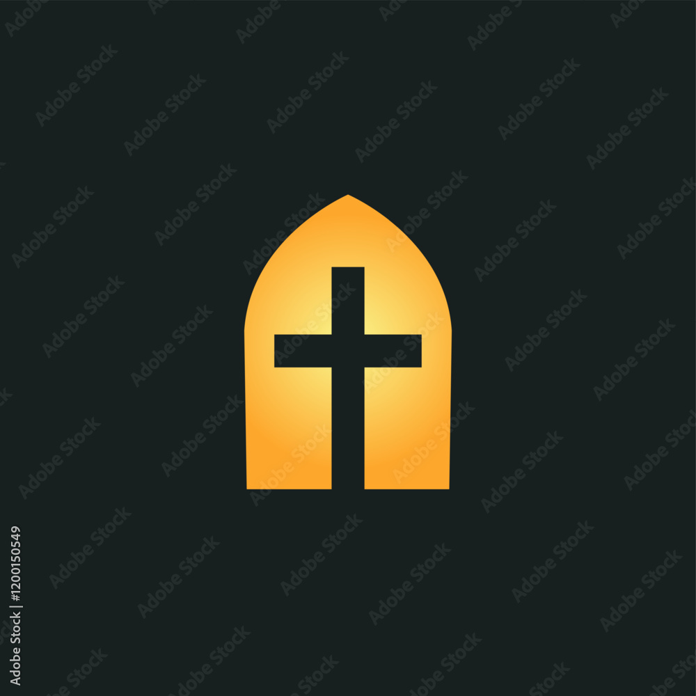 Obraz premium Glowing cross inside a golden arched window, symbolizing faith, spirituality, and devotion. Ideal for religious logos, church branding, or faith-based organizations. Minimalist vector illustration.