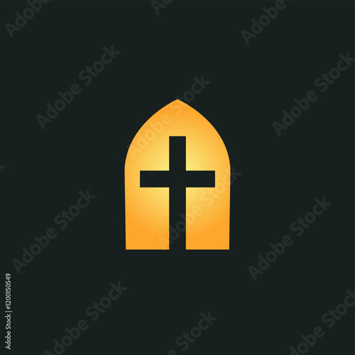 Glowing cross inside a golden arched window, symbolizing faith, spirituality, and devotion. Ideal for religious logos, church branding, or faith-based organizations. Minimalist vector illustration. photo