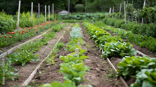 A charming vegetable garden with neat rows of growing produce.
