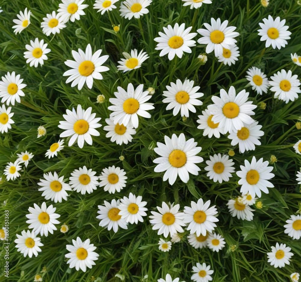 Top view of white camomile flowers mixed with green grass, sunny weather, agricultural, design element, growing season Top view of white camomile flowers mixed with green grass, sunny weather, agricultural, design element, growing season