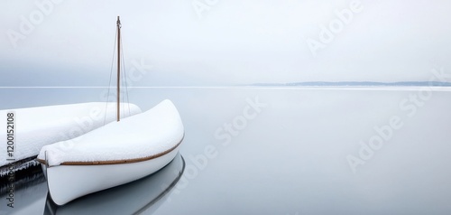 A snow-covered sailboat docked at a frozen harbor blending peaceful nautical themes with the serenity of winter photo