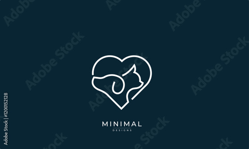 Minimal Cat & dog logo with a love heart / pet love logo / vets love logo 