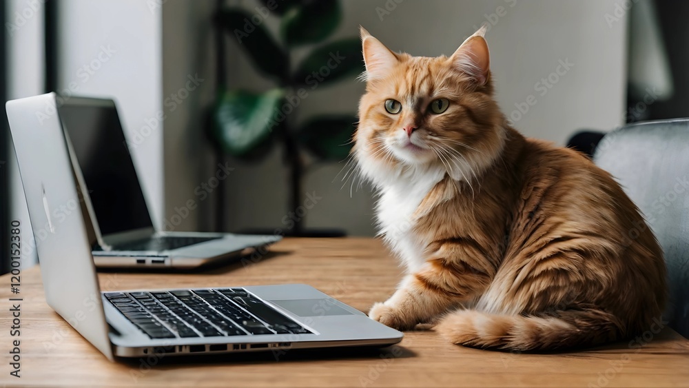 A modern workspace with a cat sitting on a laptop keyboard A modern workspace with a cat sitting on a laptop keyboard