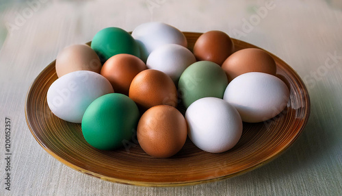 close up of a spread of eggs in exclusive colorations along with brown white and green 1/2 dozen farm bird eggs photo