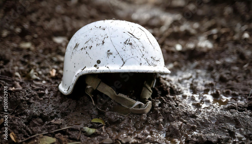 Mud-caked white helmet rests in the dark, wet earth.  Ideal for illustrating themes of war, survival, hardship, or environmental challenges. Perfect for documentaries, news, or conceptual projects. photo