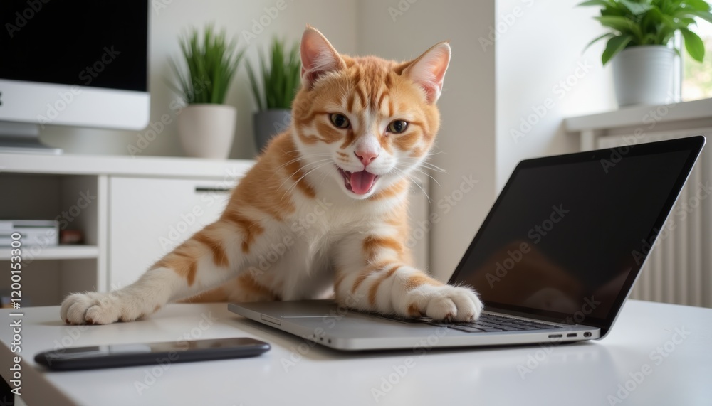 Playful cat typing on laptop in clean minimal workspace Playful cat typing on laptop in clean minimal workspace