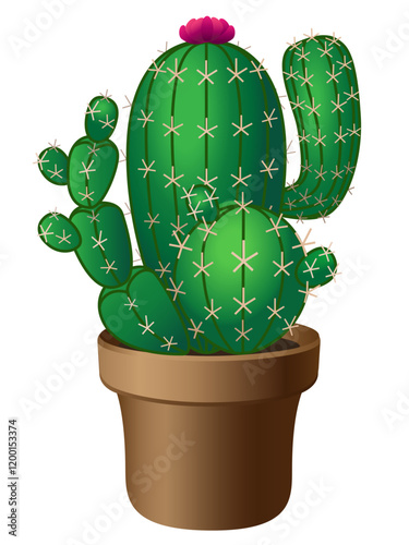 Green cacti in a flower pot with pink flowering. Prickly house plant - flowering cactus. Cacti linear image with gradient. Cactus blooming with spikes - vector illustration	