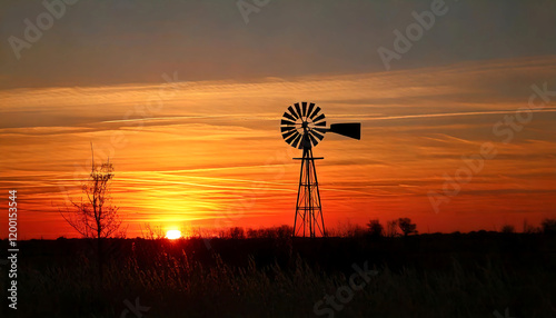 Dramatic sunset silhouette of a windmill on a rural landscape.  Perfect for projects related to nature, agriculture, energy, or nostalgic Americana themes.