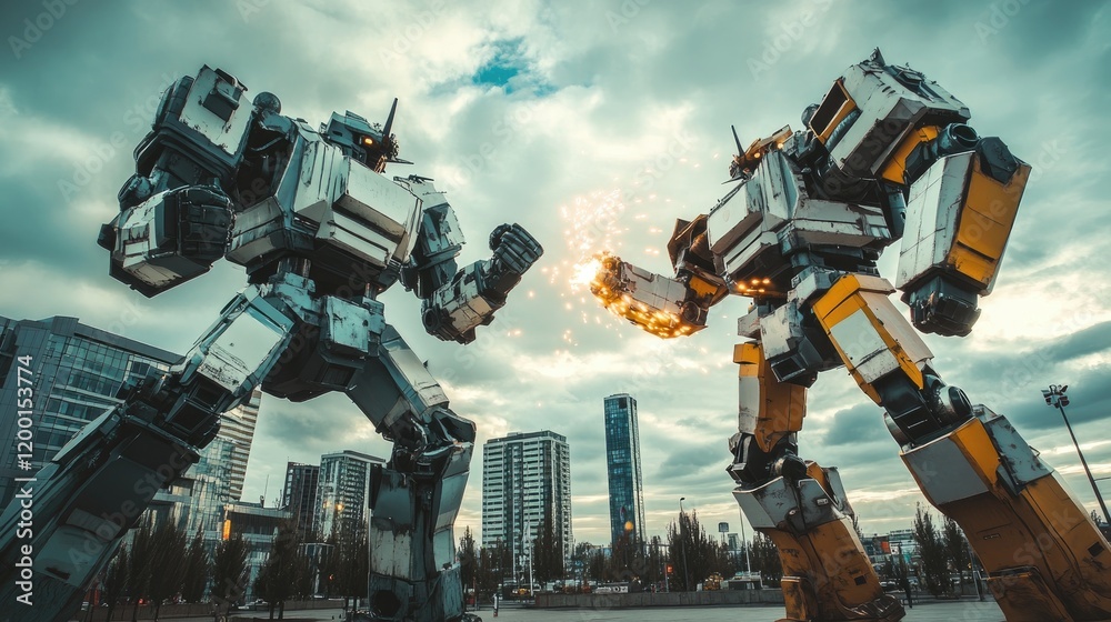 Fototapeta premium Giant Robots Clash in Cityscape: Futuristic Showdown