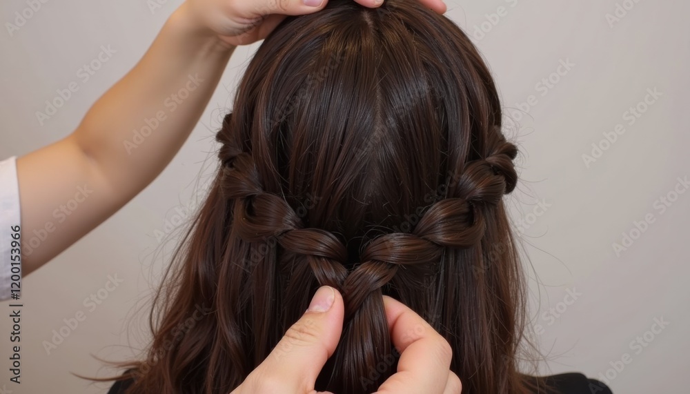 Obraz premium Hand braiding thick, long hair, focused mood, highlighting detailed braid texture and healthy hair strands