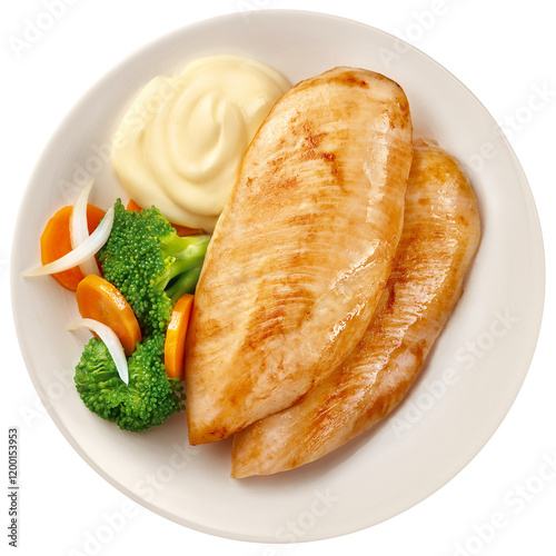 prato com filé de frango grelhado acompanhado de legumes no vapor e purê de batata isolado em fundo transparente