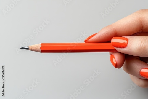 Hand holding a red pencil against a clean white background for creative expression