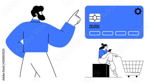 Man points at oversized credit card with gear icon while woman sits near shopping cart and box using mobile phone. Ideal for e-commerce, online payments, security, technology, consumer behavior