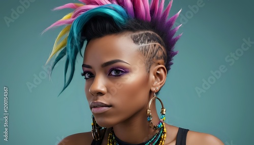 Bold Woman with Vibrant Multicolored Mohawk and Tribal Jewelry