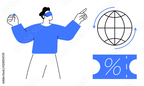 Person interacting with VR headset, pointing to a globe indicating global connection, and a discount coupon symbol. Ideal for technology, virtual reality, global communication, online shopping