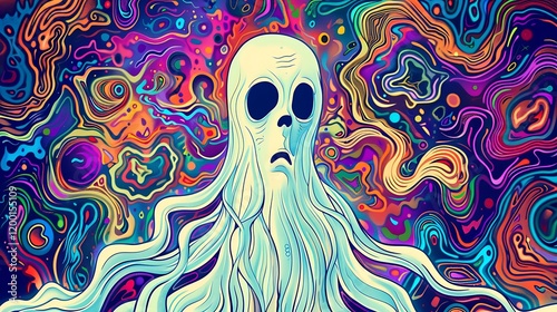 A ghostly specter haunting an array of psychedelic patterns.