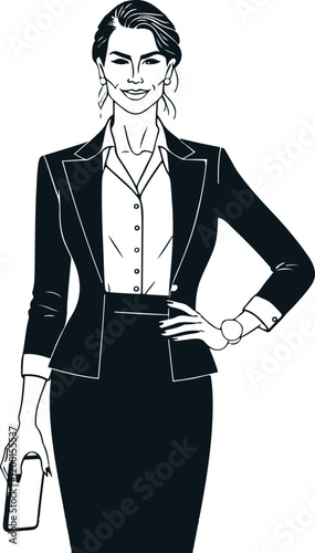 only line art in a bold line of a successful businesswoman in business clothes using a Phone with no color background 13.eps