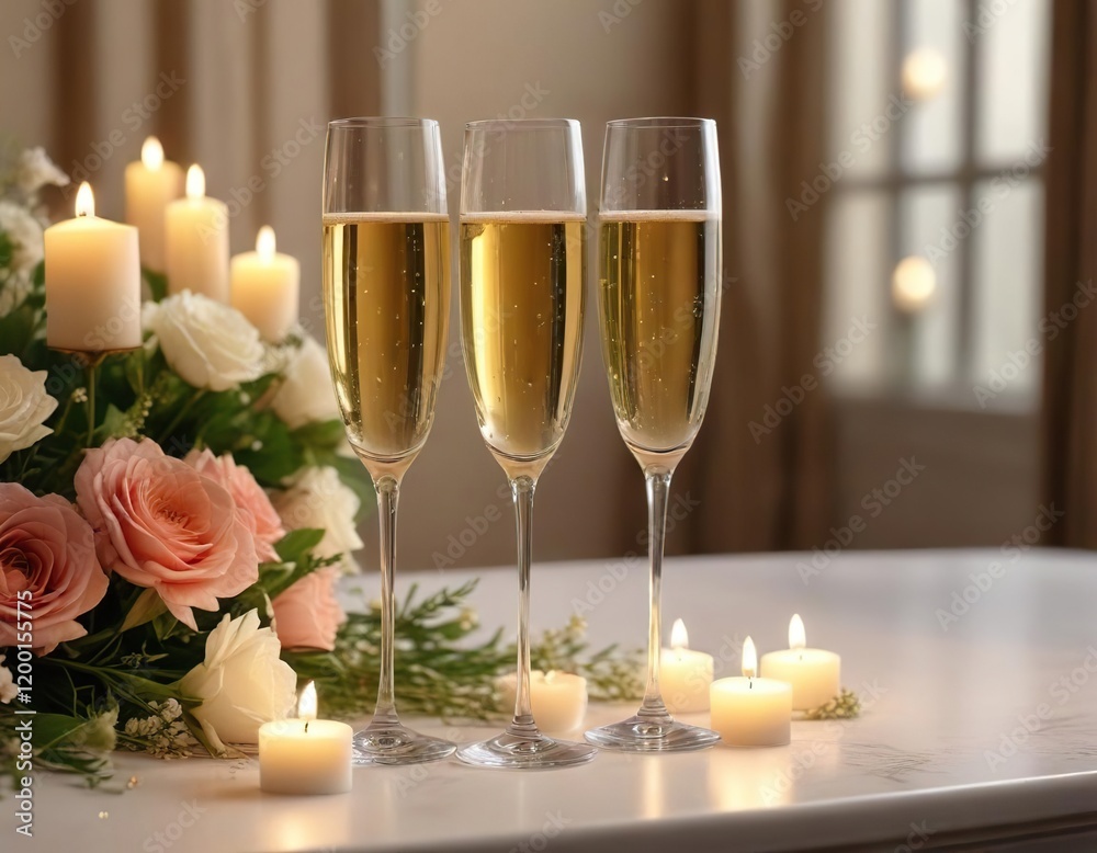 Two glasses of champagne in elegant setting with candles and flowers, love, decor Two glasses of champagne in elegant setting with candles and flowers, love, decor