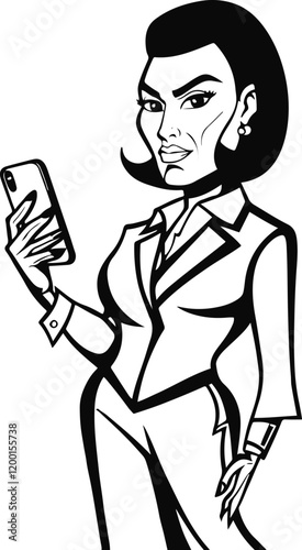 only line art in a bold line of a successful businesswoman in business clothes using a Phone with no color background 17.eps